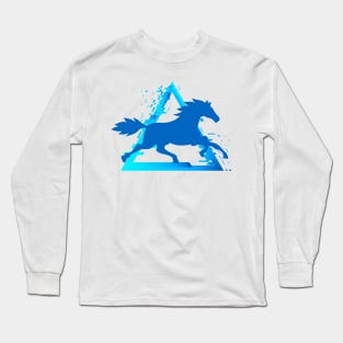 Horse Trotting with a Pixelated Triangular Explosion: Modern Design (blue) Long Sleeve T-Shirt